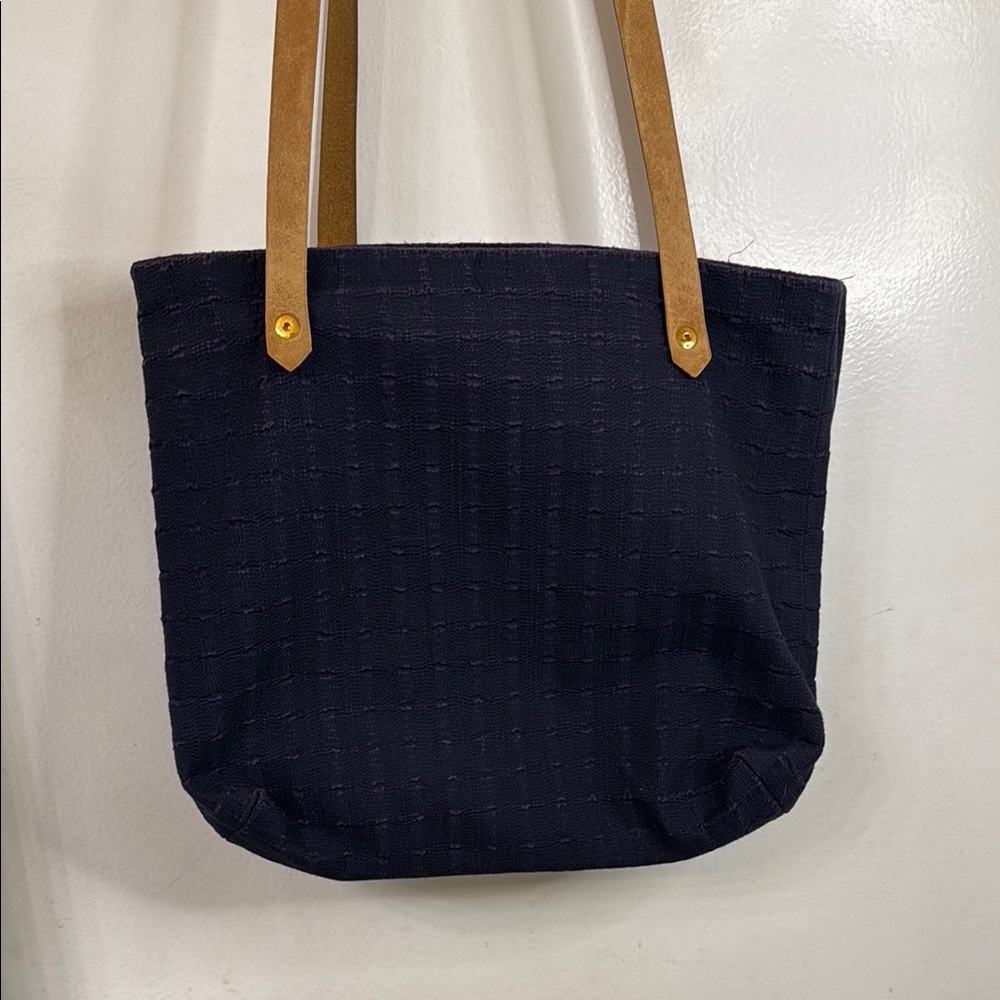Hermes Paris Navy Blue Tote Bag with Textured Cotton Fabric and Leather Straps